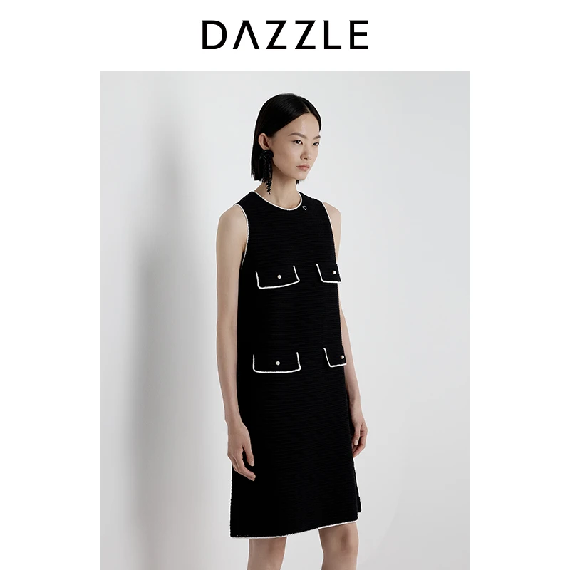 DAZZLE 地素毛衫连衣裙2025年夏季新款黑色针织无袖连衣裙2J2E613