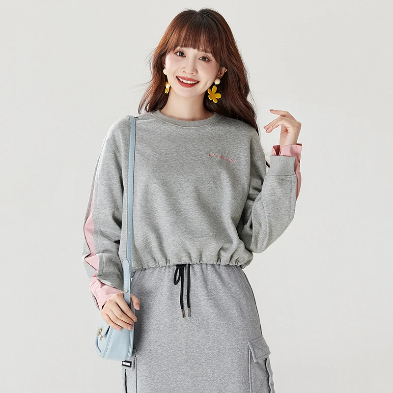 43WY0L0006撞色拼接上衣微弹力长袖卫衣女2024秋