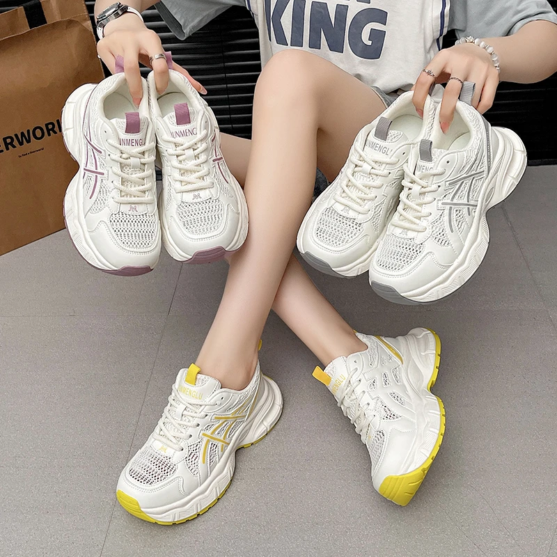 夏季透气休闲鞋飞织时尚休闲鞋老爹鞋ins圆头白鞋9