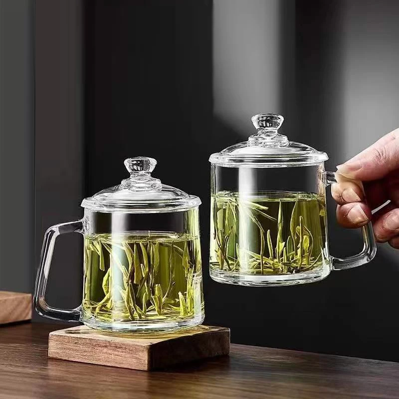 家用透明玻璃茶杯大容量喝水杯防烫耐热办公杯带盖泡茶杯喝茶杯