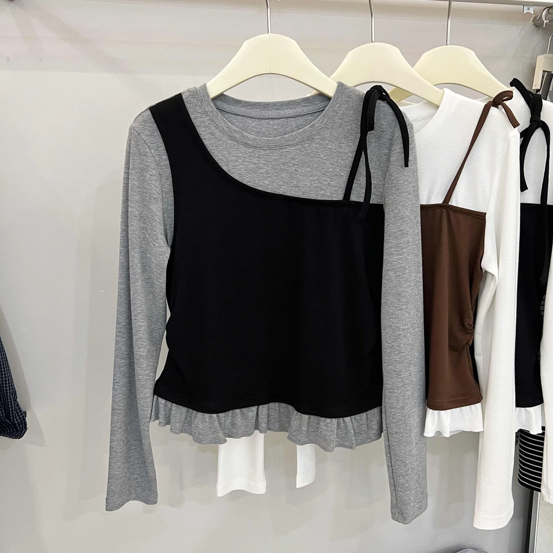 这也太温柔了吧！设计感拼接假两件长袖T恤女早秋小众洋气减龄上衣