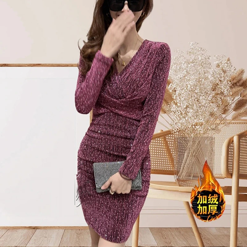 冬季加绒-闪闪亮钻连衣裙秋装新款高弹力褶皱遮肚子显瘦打底裙子