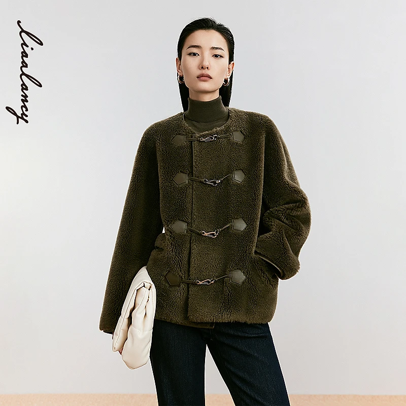 LANCY/朗姿2024年冬季新款纯羊毛圆领宽松百搭颗粒短款大衣外套女