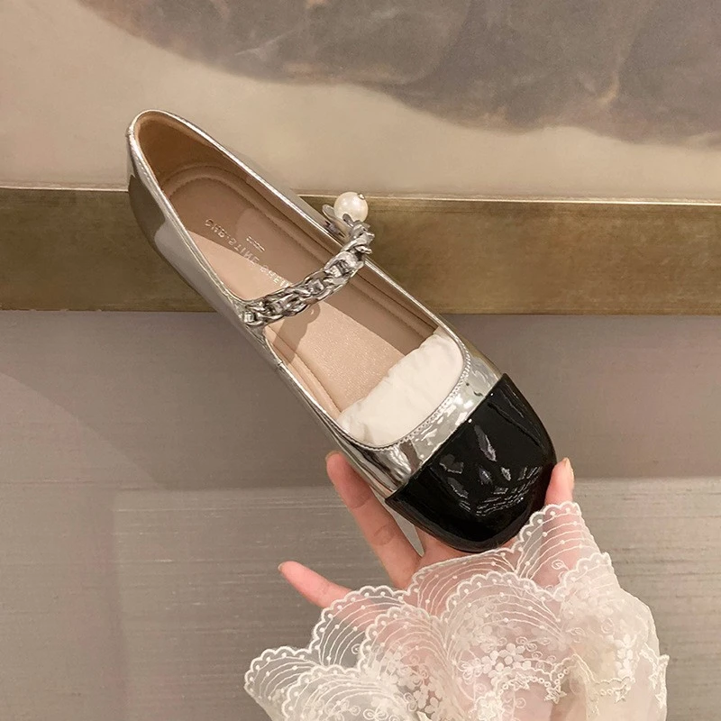 百搭羊皮版~方头软底粗跟小香风拼色浅口百搭平底单鞋女夏真皮玛