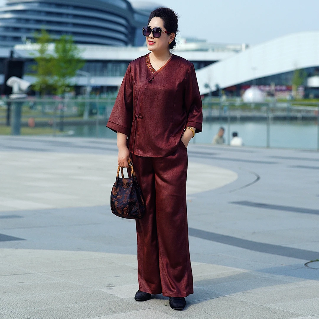 新中式夏季薄气质百搭民族风时尚宽松复古妈妈装两件套6x7x大码