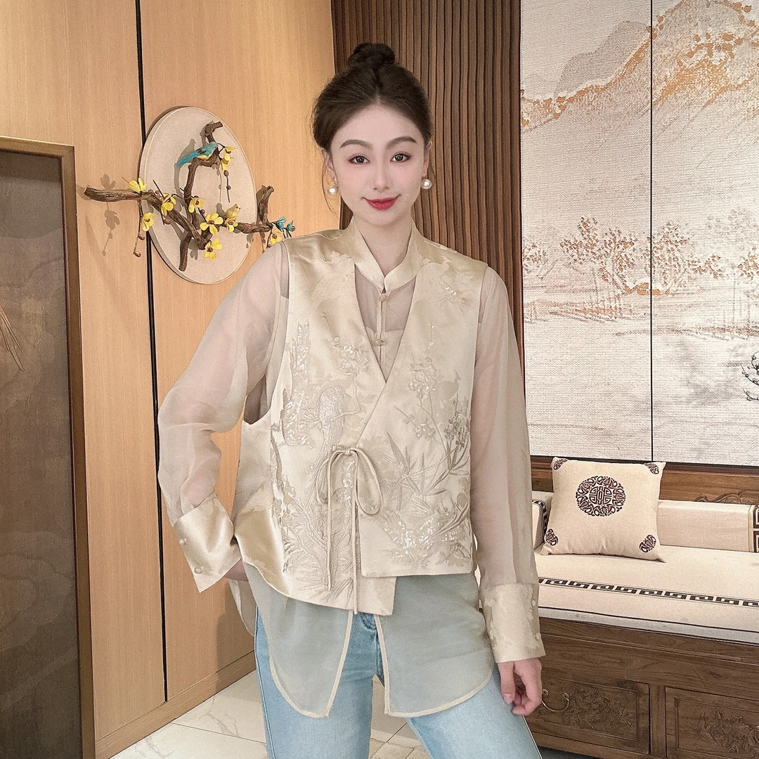 【语辰原创】YC 2870 新中式复古刺绣提花春季新款假两件上衣