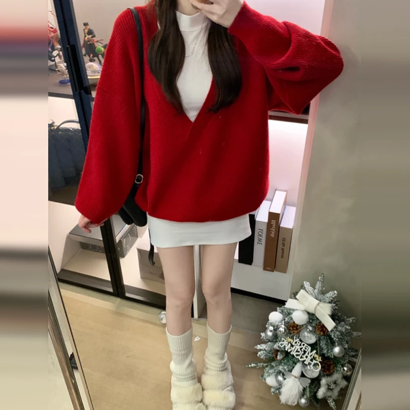 红色过年新年战袍穿搭套装毛衣连衣裙子女秋冬季2025新款上衣