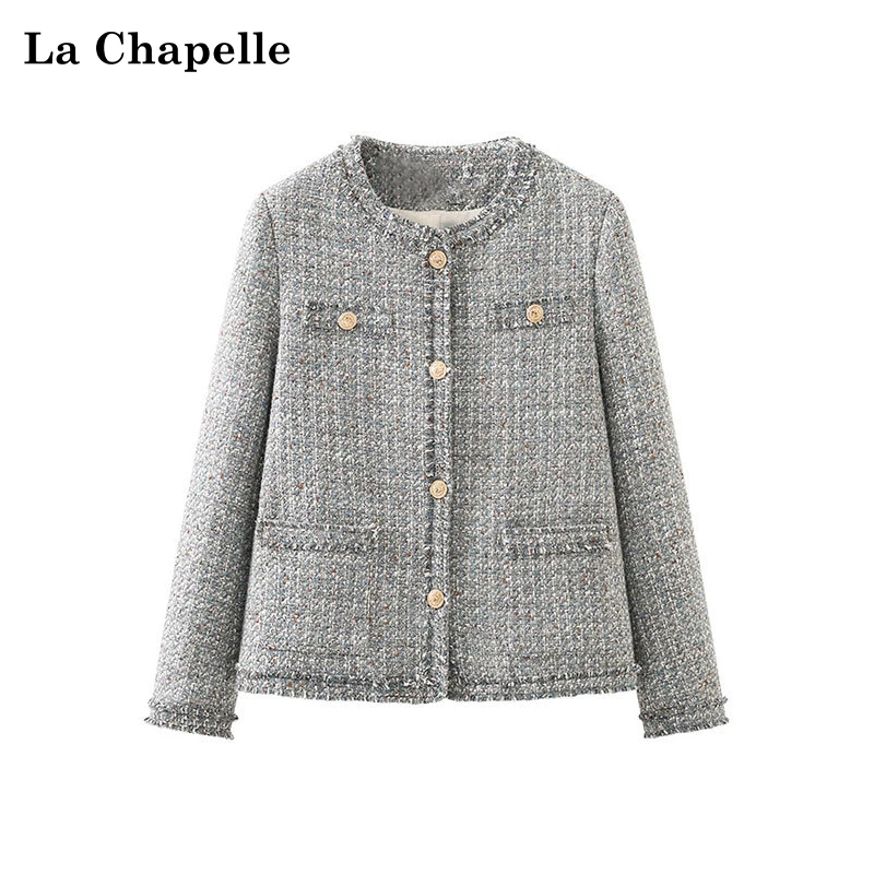 拉夏贝尔蓝灰色圆领毛边金扣编织小香风外套女气质显瘦上衣新款