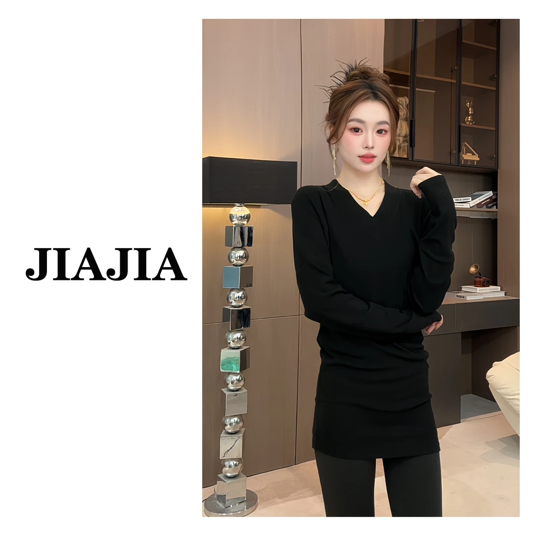 【斜边V领】蝙蝠袖V领设计慵懒风秋冬磨毛宽松长袖内搭打底T恤女