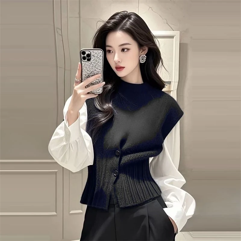 法式轻熟风拼接假两件针织衫女时尚新款气质简约减龄百搭休闲上衣