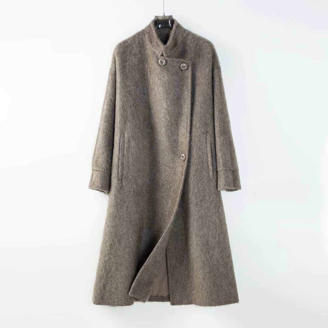 【软黄金藏地绒】长款大衣女毛呢外套加厚纯色中长款-2508