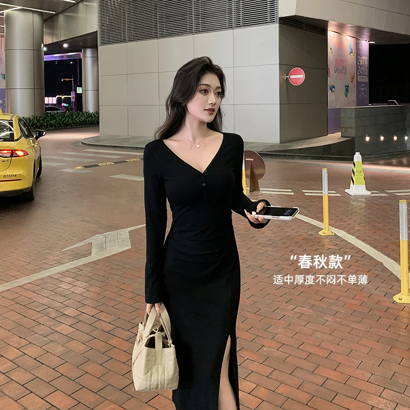 林关关【赫本遐想】纯欲性感针织连衣包臀长裙气质长袖显瘦V领裙子