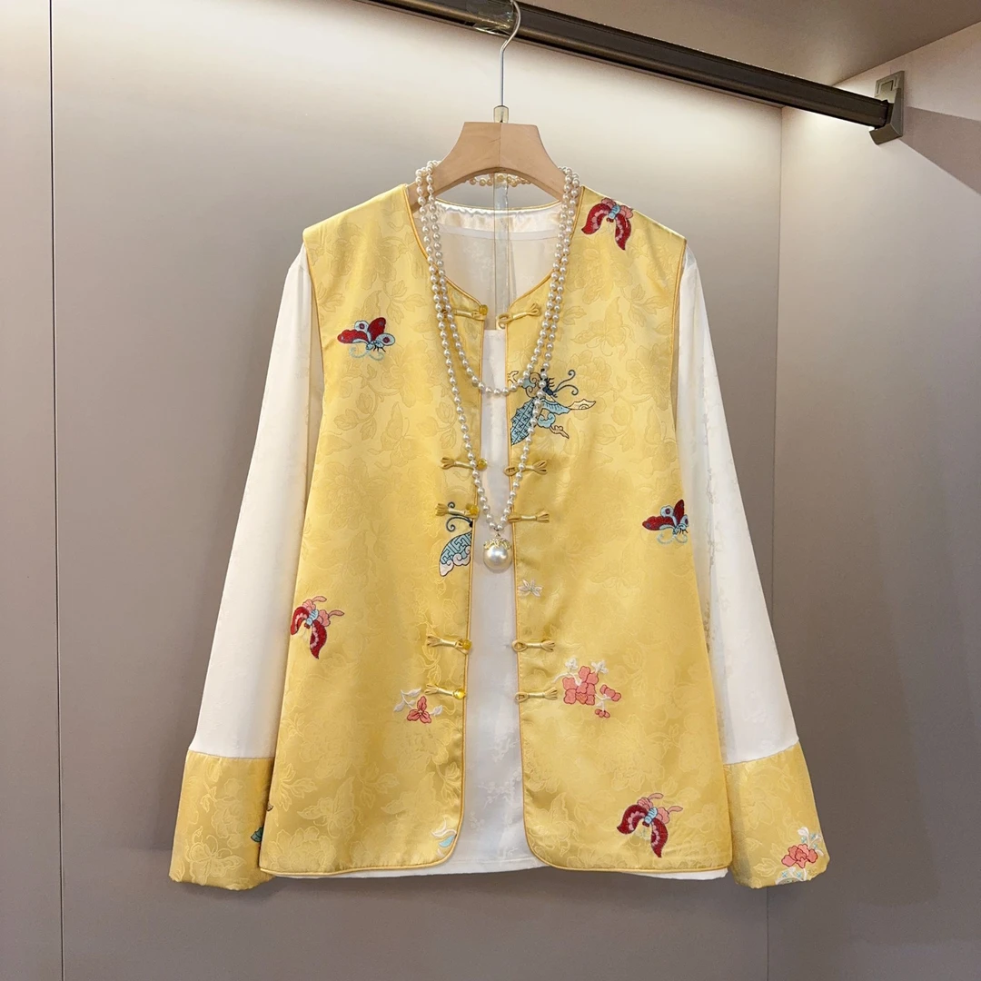 新中式国风重工刺绣提花马甲女2025春季新款复古盘扣大码女装套装