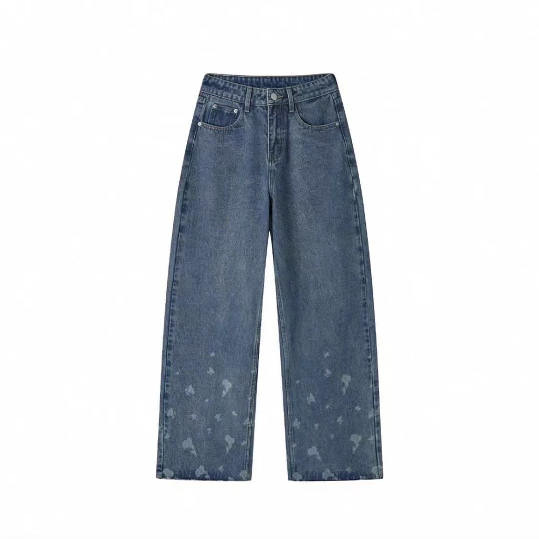 REREK 设计师 25春夏 马蹄莲印花阔腿宽松牛仔裤 时尚宽松水洗女