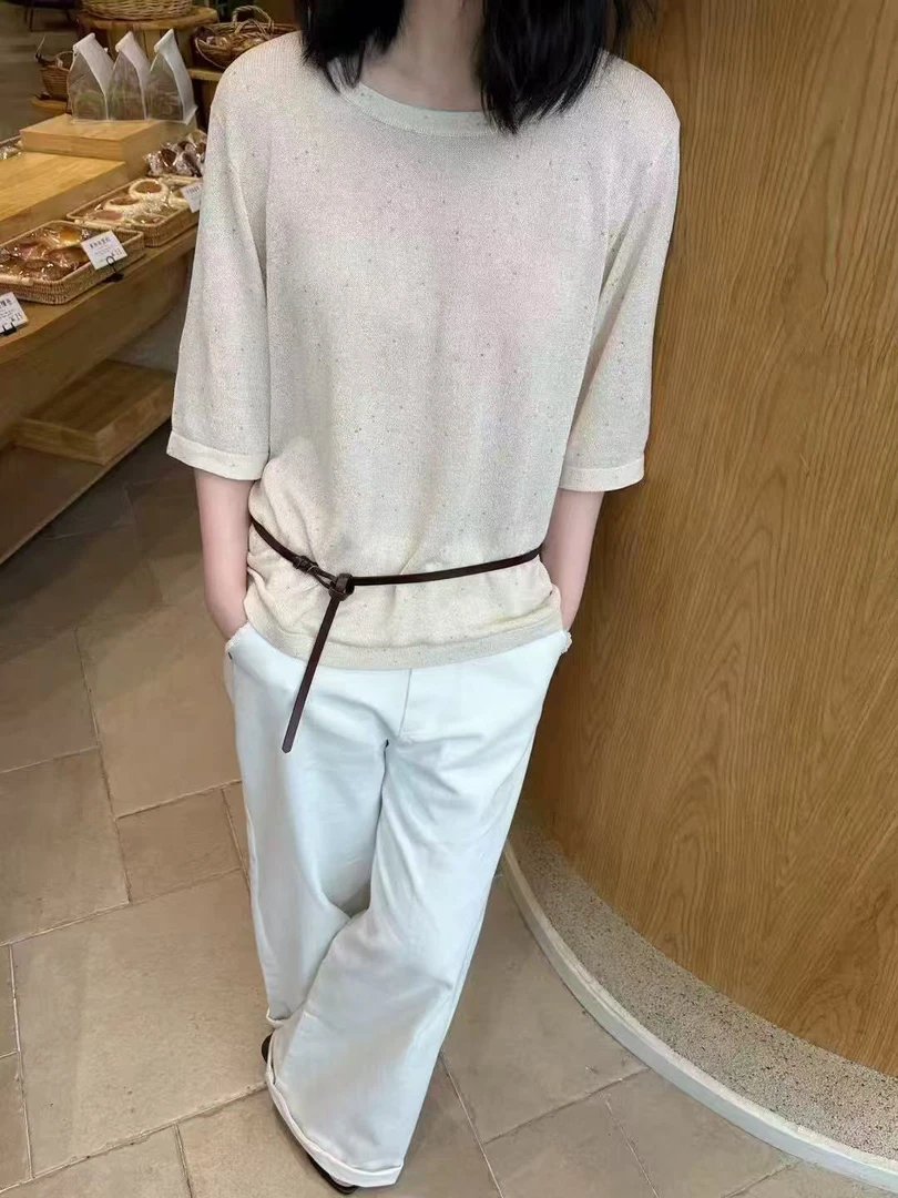 夏日奢侈品 超簿亚麻微肌理感圆领显瘦针织T恤上衣2277