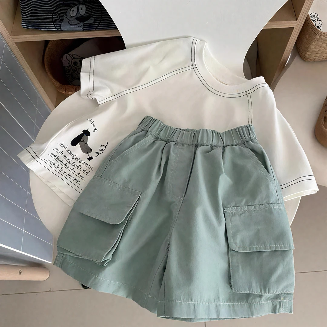 2025夏季新款儿童工装裤套装纯棉短袖T恤上衣男童韩版百搭欧若风