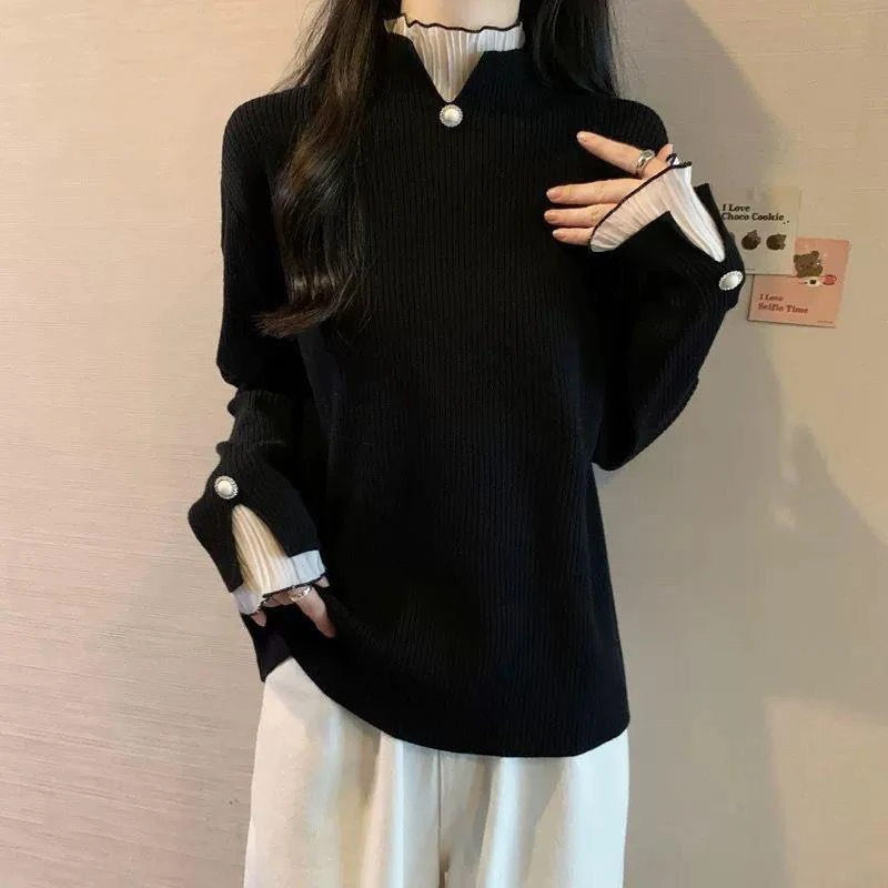大码高级感拼接假两件半高领针织衫女秋冬高级感显瘦遮肚打底毛衣