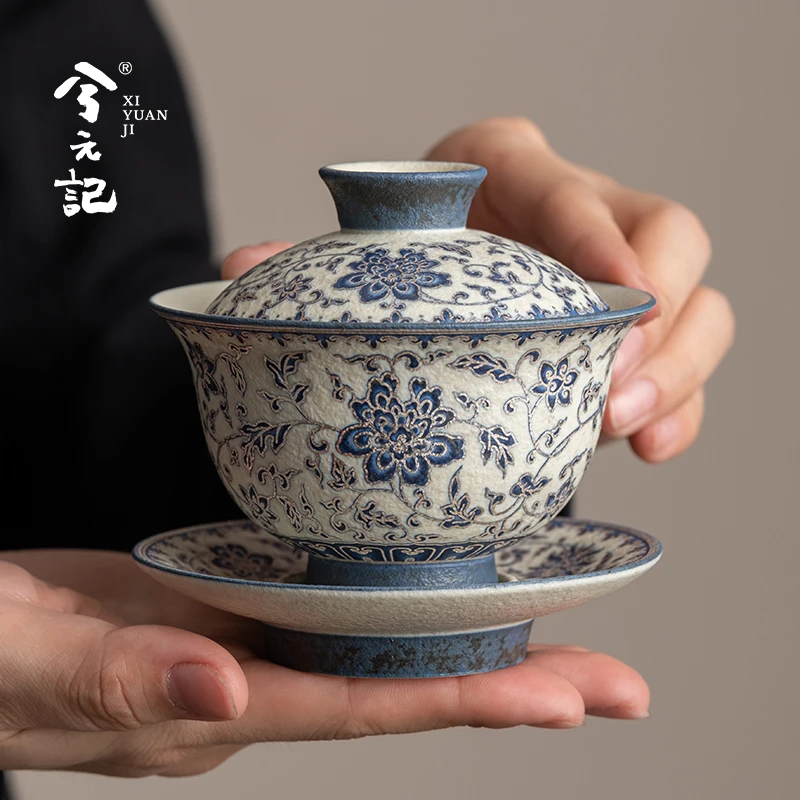 青花缠枝莲三才盖碗茶杯单个高档三件套描银茶碗带盖泡茶功夫茶具