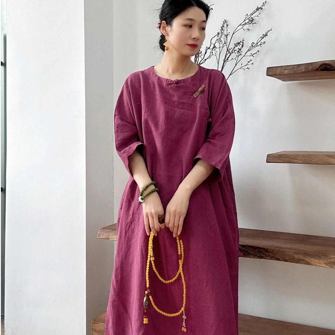 春夏季复古民族风做旧显瘦长款连衣裙气质新中式常规禅意袍子