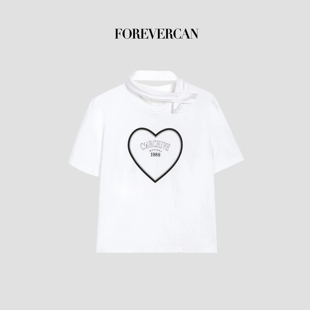 FOREVERCAN“偷心少女”刺绣拼接娃娃领结百搭短袖T恤ST23494