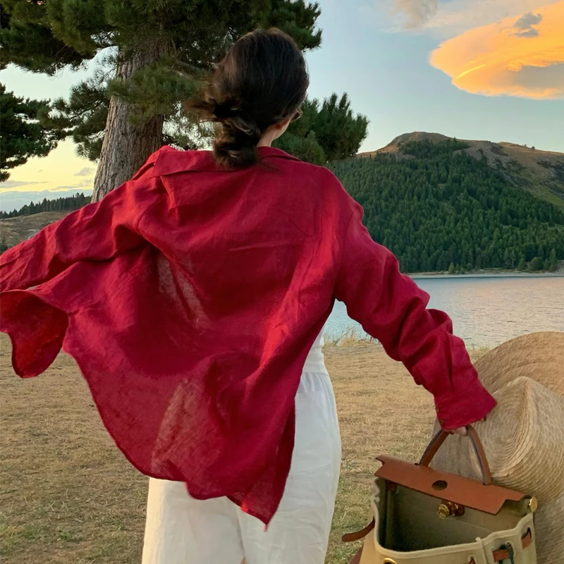 长袖纽扣轻职风防晒法式红色衬衫女士休闲设计感防晒轻职风防晒
