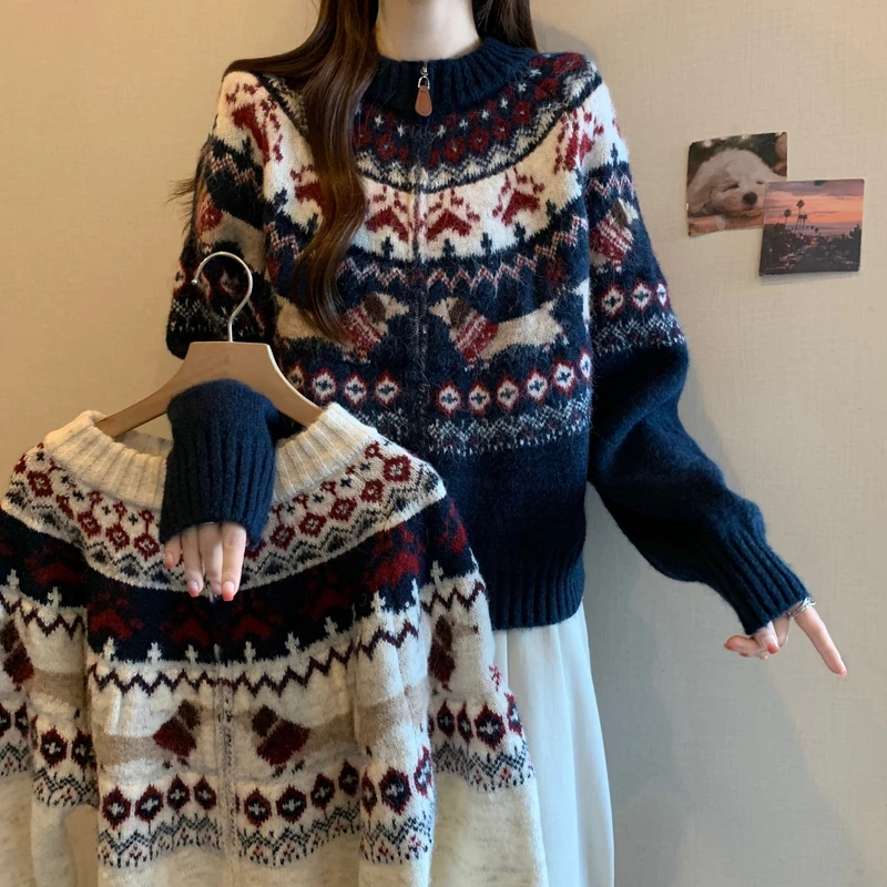 费尔岛圣诞加厚毛衣外套女秋冬大码胖MM新款复古减龄提花针织开衫