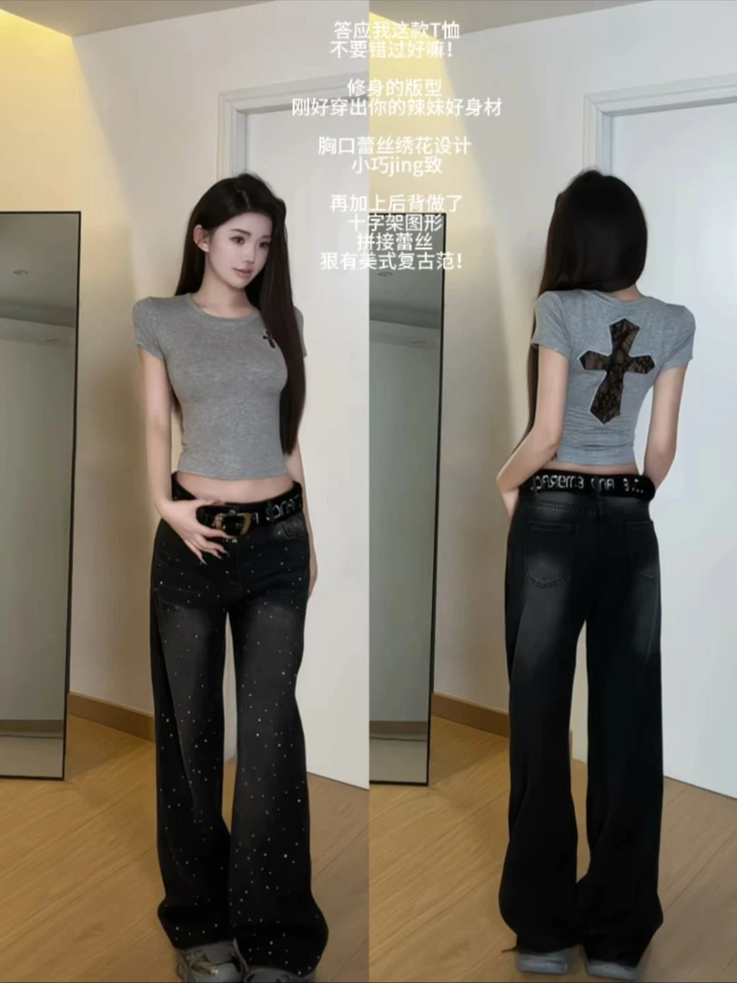 辣妹蕾丝拼接十字架短袖T恤女夏季新款设计感修身显瘦短款上衣潮