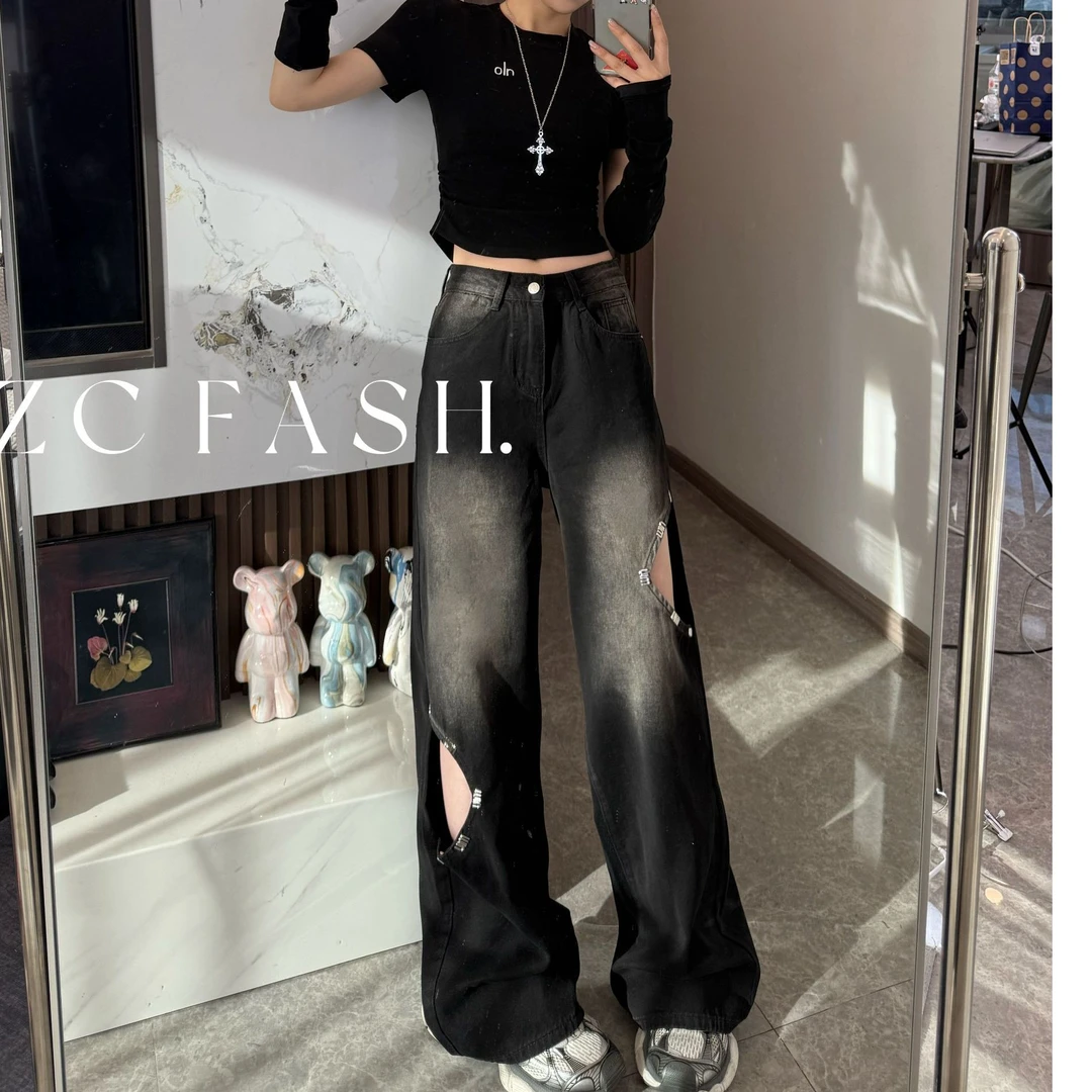 ZC-夏季新款2025镂空设计撞色牛仔裤宽松显瘦阔腿裤