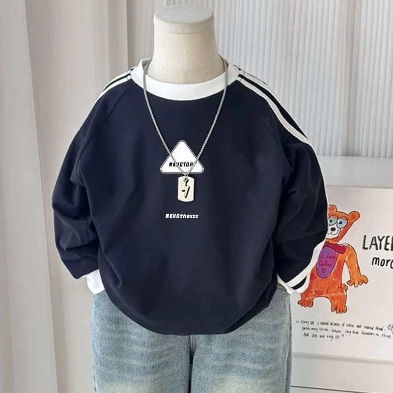 男童长袖T恤秋季新款插肩撞色韩版休闲洋气色织条宽松圆领打底衫t