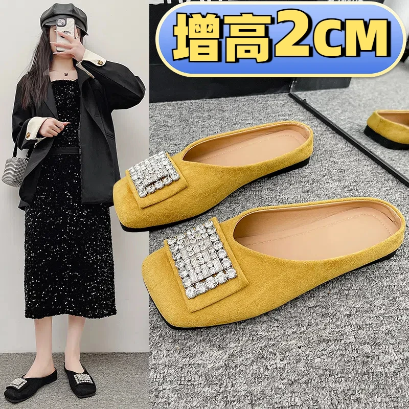 时尚包头半拖鞋女夏季新款外穿百搭不累脚水钻方头一脚蹬平底单鞋