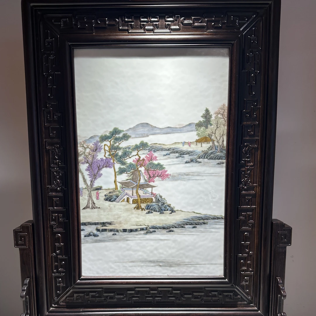 漂亮粉彩山水瓷板