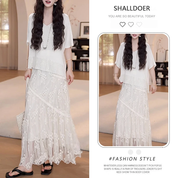 韩系温柔风气质套装女夏季新款白色镂空短袖t恤A字半身裙子两件套