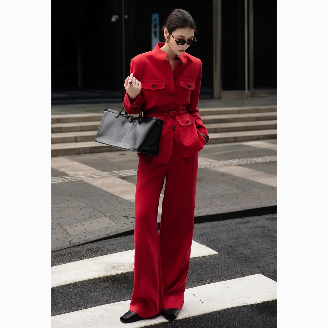 ZEROYK休闲时尚套装高级感红色亚麻系带工装西服阔腿裤通勤两件套