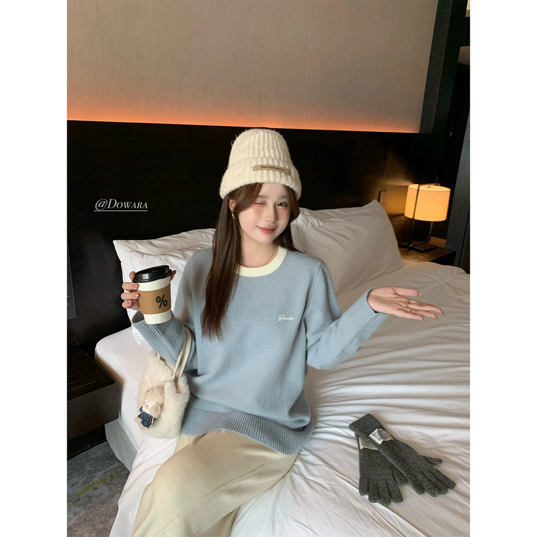 现货大婉酱微胖定制韩系chic拼接撞色针织衫女外搭毛衣上衣 5759D