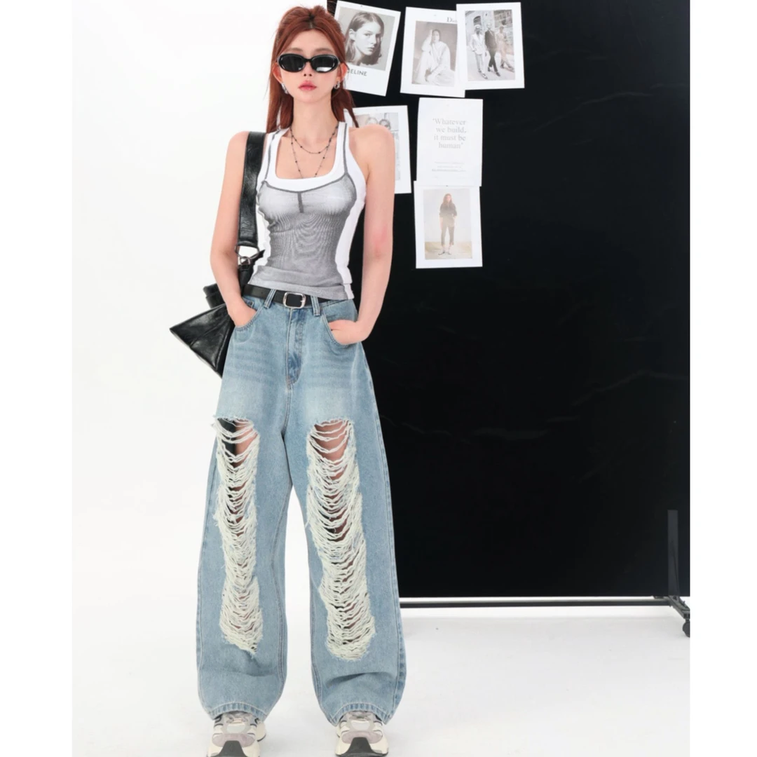 婉君【大破洞裤】美式高街破洞阔腿设计感垂感牛仔裤LWJ24B2K899