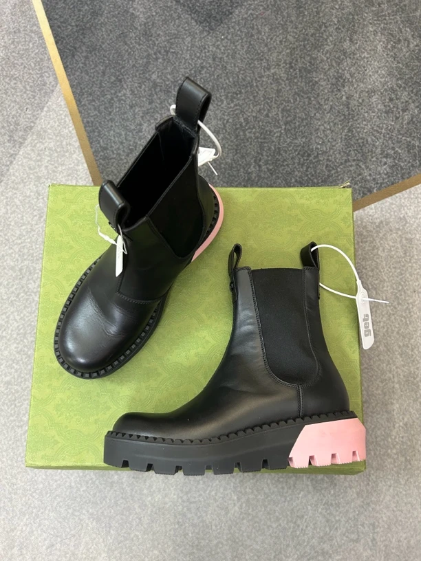 99新 GUCCI/古驰 黑色拼粉色短靴三七码