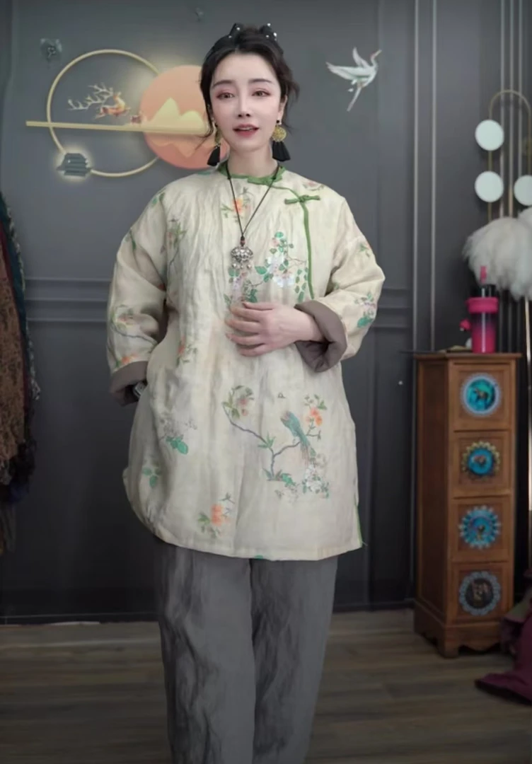 核桃/秋冬款原创苎麻女装数码印花苎麻偏襟盘扣棉衣文艺复古茶服