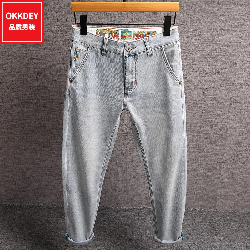 夏季薄款牛仔裤男士高级感潮流刺绣字母九分裤弹力修身小直筒长裤
