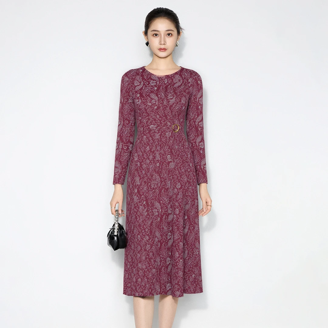 MY TENO/马天奴VHAE68长袖秋冬冬季雅致风碎花连衣裙提花气质高腰