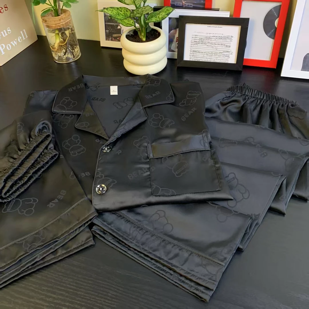 【小熊系列】男款白色睡衣男士翻领黑色套装长袖居家服三件套