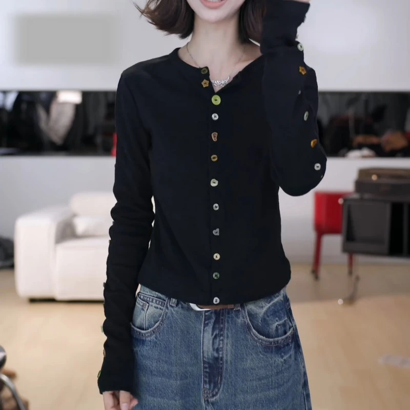 2025新款时尚彩扣开衫修身感设计彩扣袖短外套上衣LK2506472