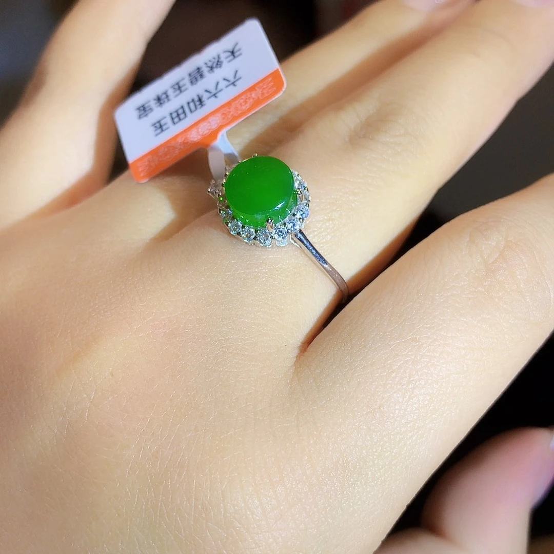 和田玉（碧玉）戒指银S925镀金镶嵌