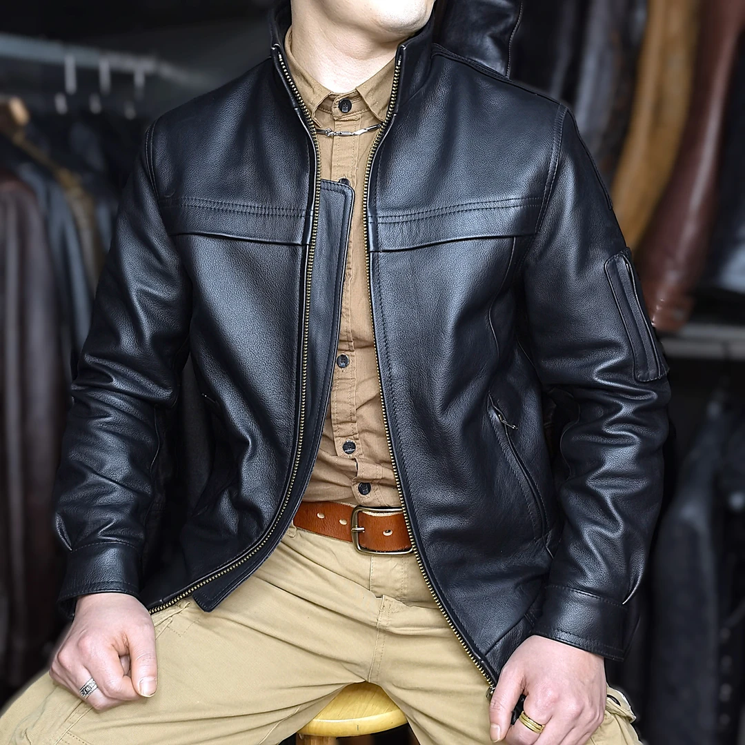 头层牛皮【02飞行服】春款皮衣短款扩版立领男新款士经典真皮皮夹克
