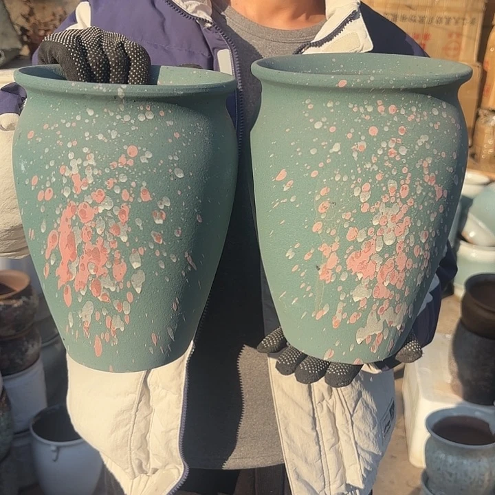 紫砂茶碗绿泼墨两个口径18高度25