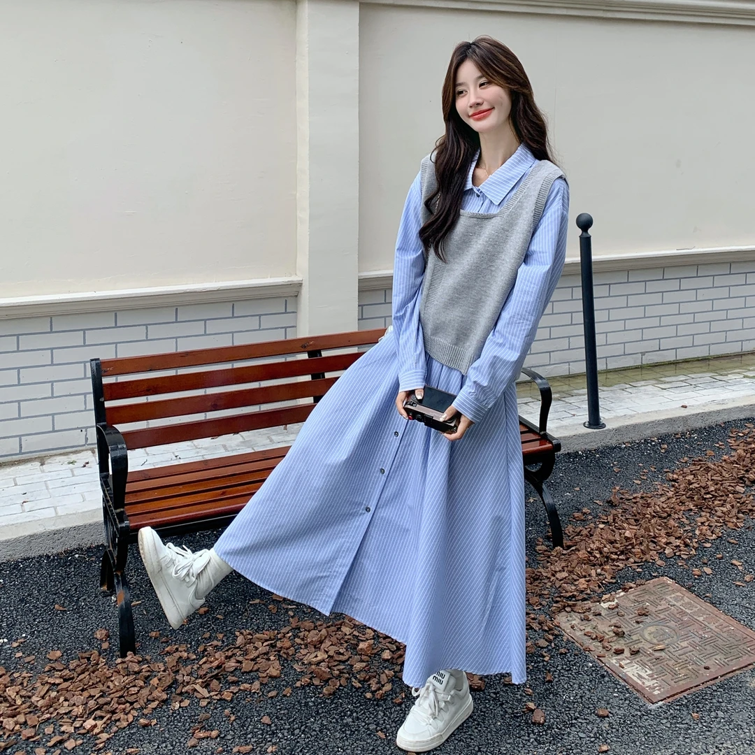 时尚条纹拼接两件套女秋季2025新款韩系个性绣标长袖条纹衬衫裙