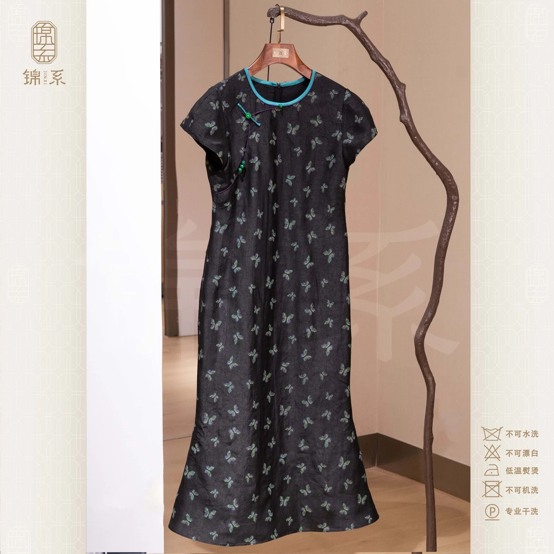 【锦系】真丝龟纹香云纱新中式桑蚕丝圆领斜襟短袖连衣裙L-383072