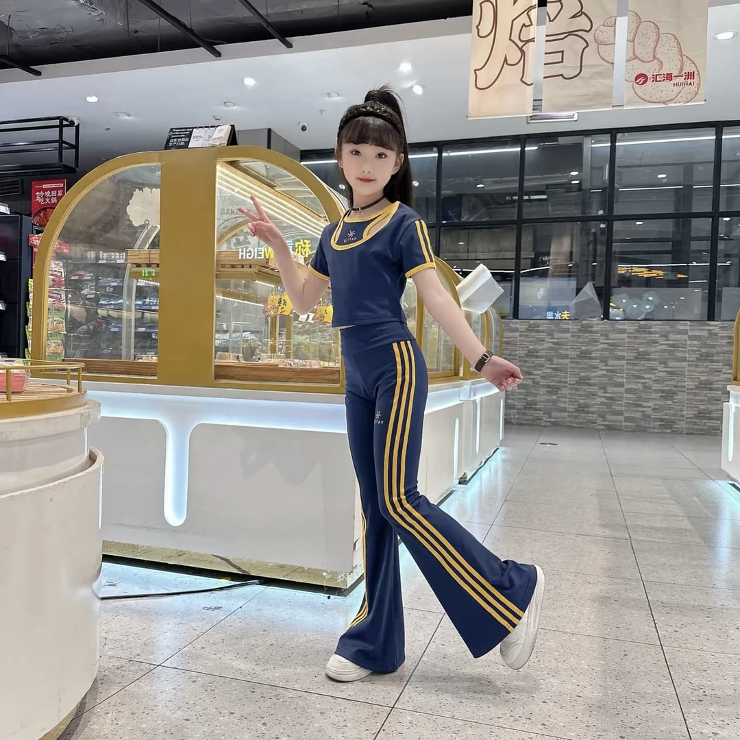 【活力运动套装】女童夏装瑜伽2025新中大童假两件短袖弹力喇叭裤