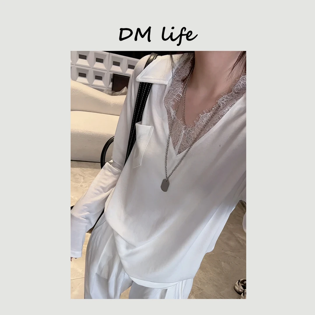 DMlife【春日蕾丝】蕾丝拼接v领长袖T恤女季韩系宽松打底上衣