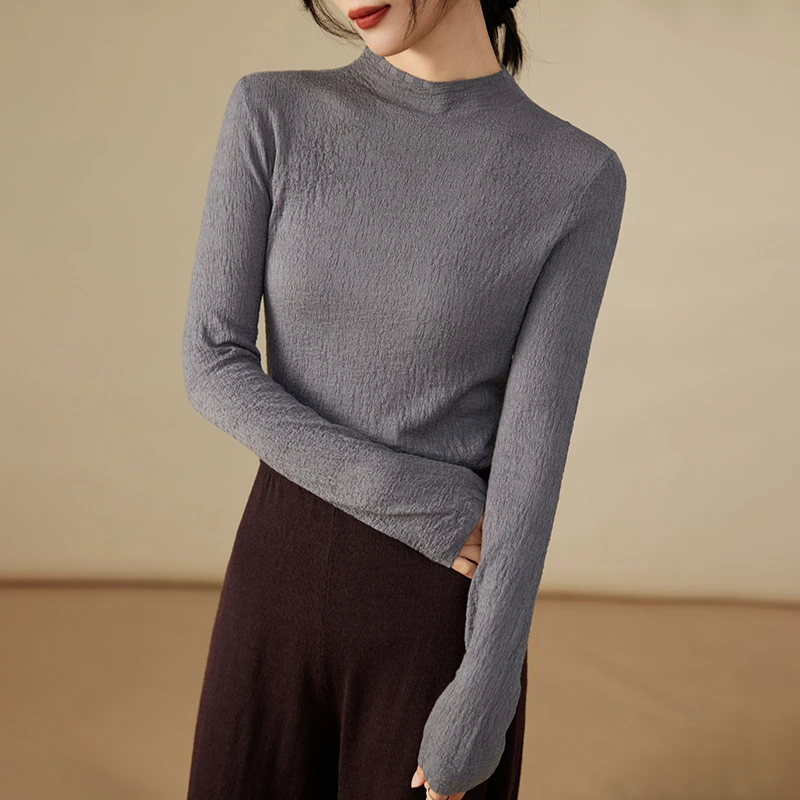 60支精纺羊毛蚕丝木耳边上衣女针织高级感春秋休闲百搭打底衫