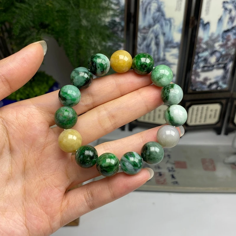 黄加绿圆珠手串 天然翡翠A货